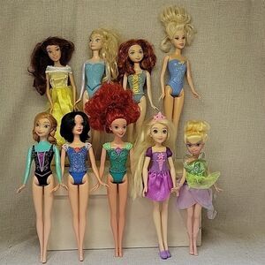 9 Hasbro Mattel 11" Disney Princess Barbie dolls